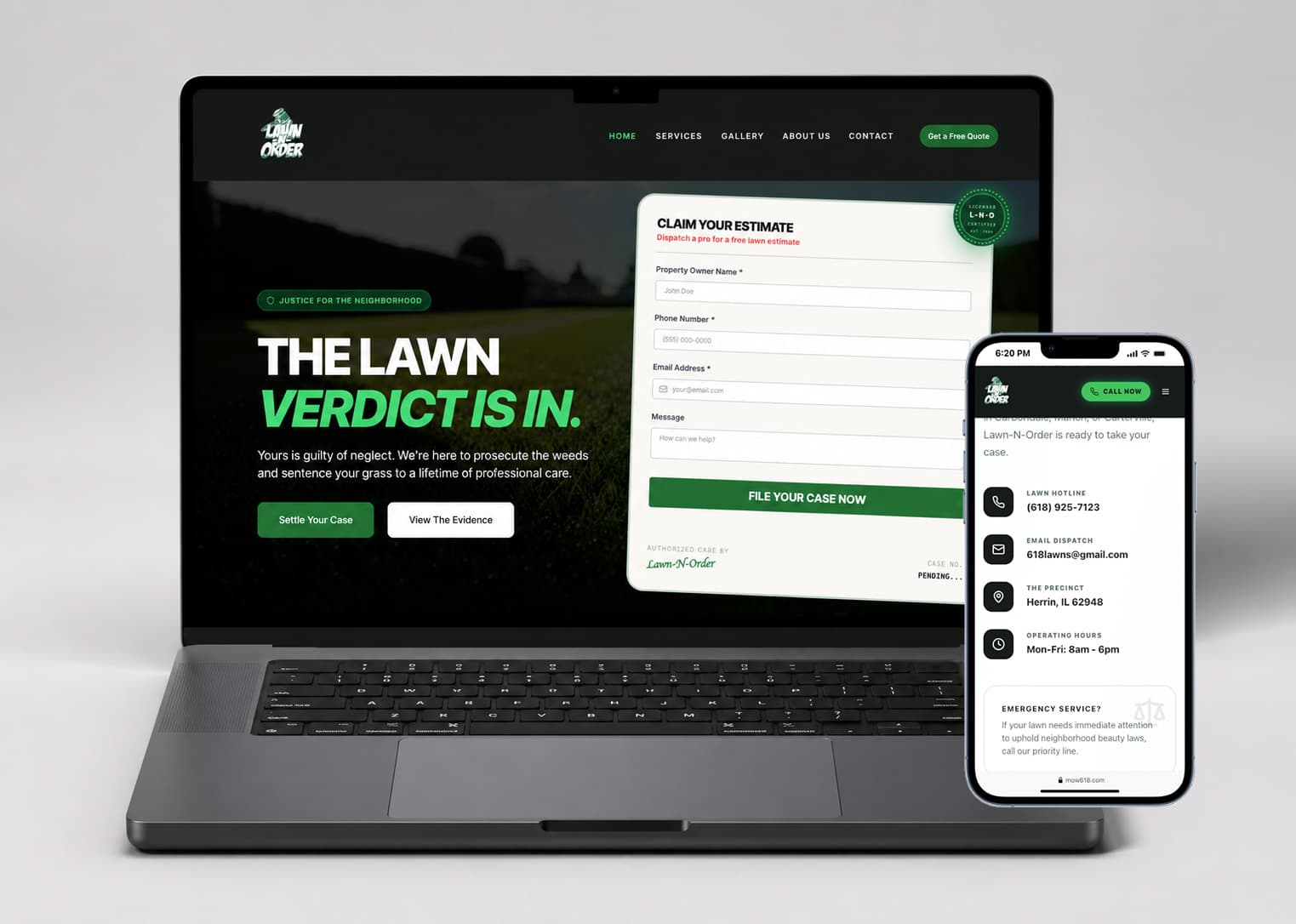 Lawn-N-Order lawn care website design on desktop and mobile, Herrin IL