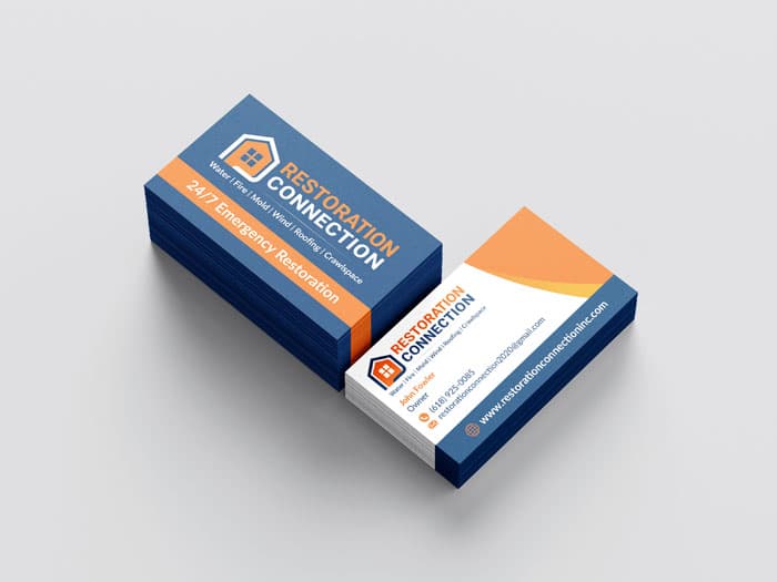 Restoration and roofing home services business card design project for Restoration Connection